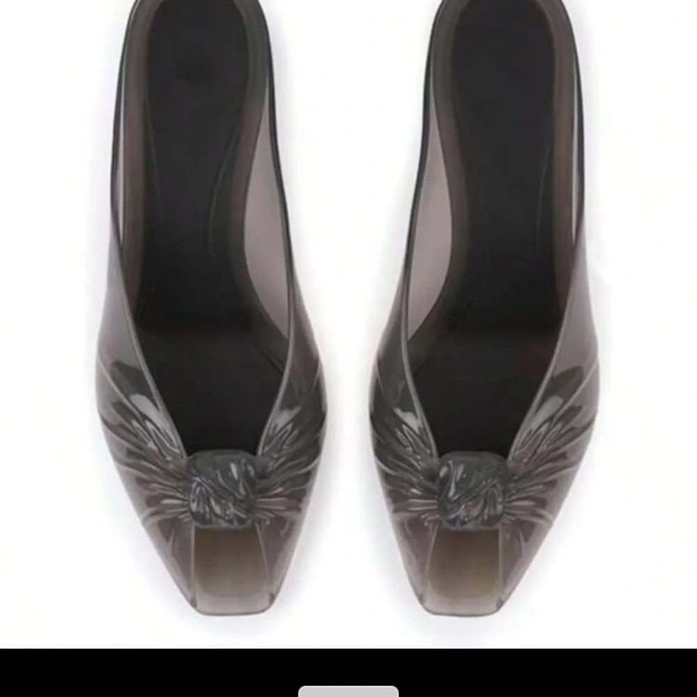 Jelly Black Puff Knot Pointed Toe Kitten Heels  (Transparent Black)